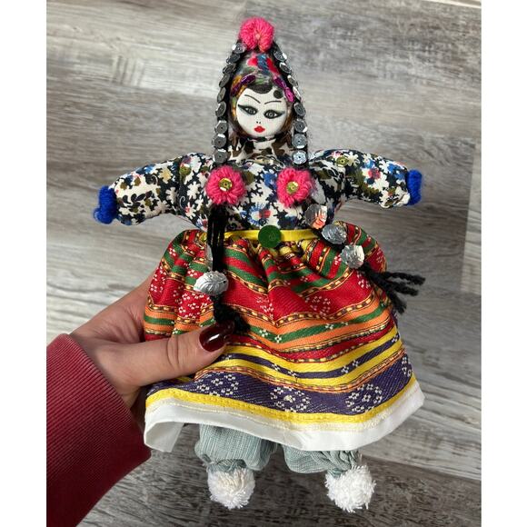 Handmade Fabric Folk Doll with Sequin Trim + Colorful Traditional Dress - Picture 1 of 6